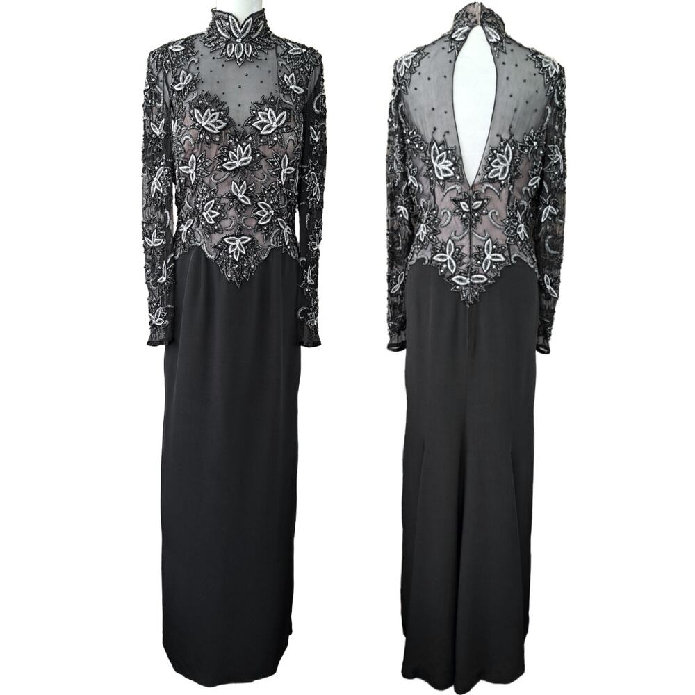 Vintage Stephen Yearick Lillie Rubin Beaded Silk Gown Black 14 M/10 Formal Dress